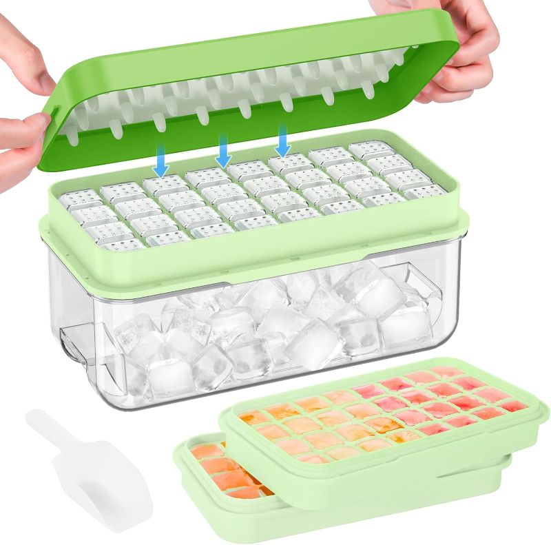 Photo 1 of Ice Cube Tray With Lid and Bin, Ice Trays for Freezer, Flexible Ice Cube Trays, Making 64 pcs Ice Cubes, Chilling Cocktail, Whiskey, Coffee, with 2 trays, Ice Container, Scoop&Cover, BPA Free