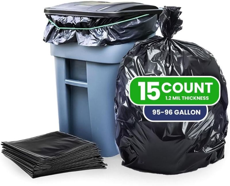 Photo 1 of Plasticplace Big Black Trash Bags Heavy Duty - Extra Large Trash Bags Heavy Duty 95-96 Gallon, 1.2 Mil, 61” x 68”, 15 Count Roll