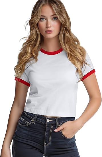 Photo 1 of XL Ringer Tee Women Crewneck Short Sleeve Plain Retro T-Shirt Crop Top