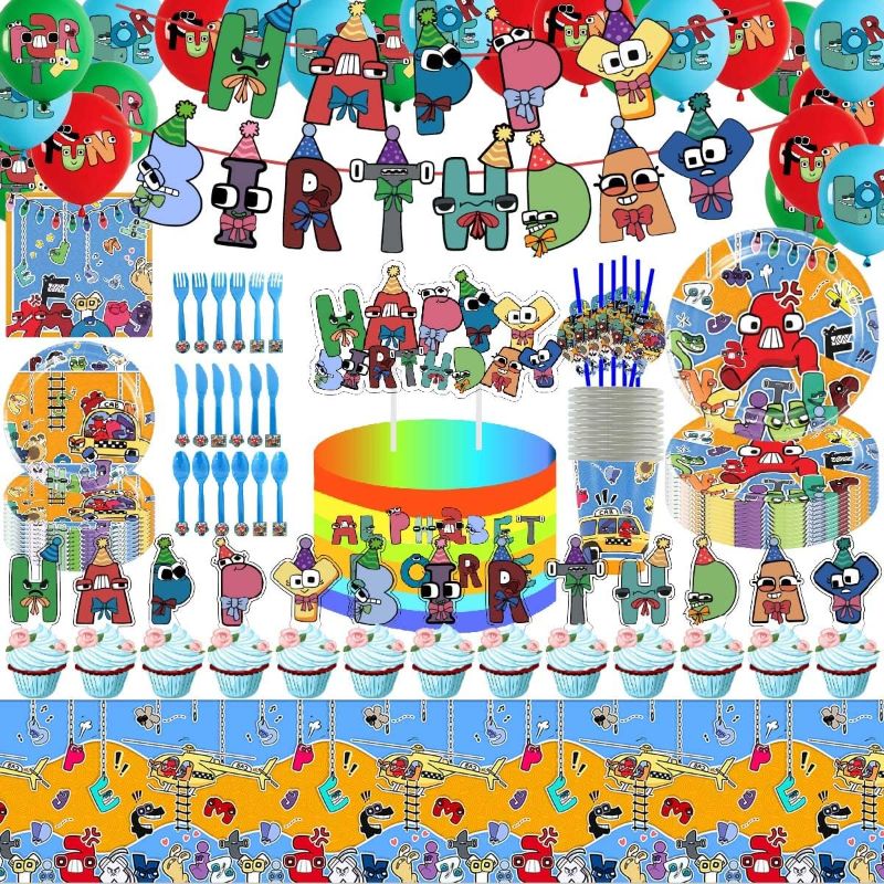 Photo 1 of 137pcs alphabet birthday supplies include happy birthday banner balloons plate cup tablecloth fork knife spoon cake topper lore birthday decoration for kids