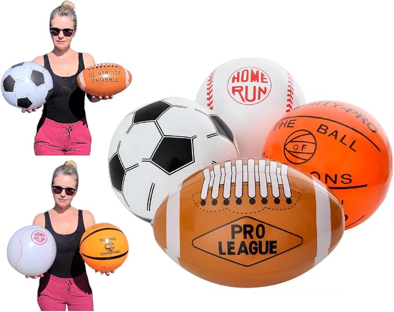 Photo 1 of 16" Sports Beach Ball Inflate Assortment (Football, Soccer Ball, Baseball and Basketball) Party Favor Beach Ball Inflatable Toy, 2 of Each