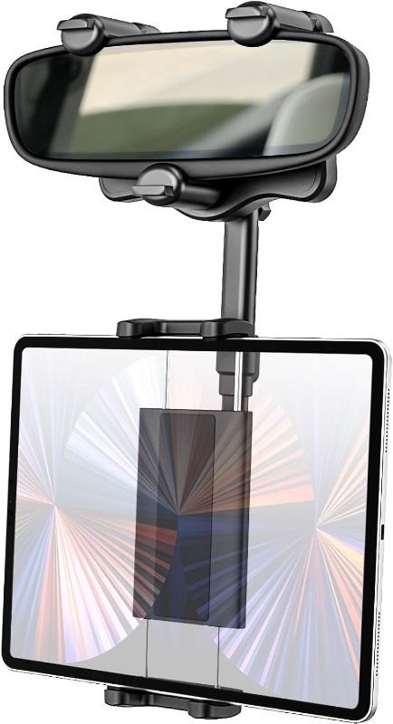 Photo 1 of Rearview Mirror Car Tablet Holder, Car Rear View Mirror Tablet Mount, 360° Rotatable and Retractable Tablet Clip Compatible with iPad Pro 12.9 Air Mini, iPhone, Galaxy Tab, Z Fold, 4-13" Tablet