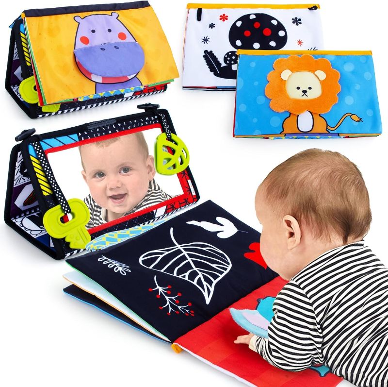 Photo 1 of teytoy Tummy Time Mirror Newborn Toys Infant Toys 0-3 Months Brain Developmental Baby Mirror Tummy Time Toys with Cloth Book&Teethers,High Contrast Black and White Baby Toys 4 6 9 12 Month Sensory Toy