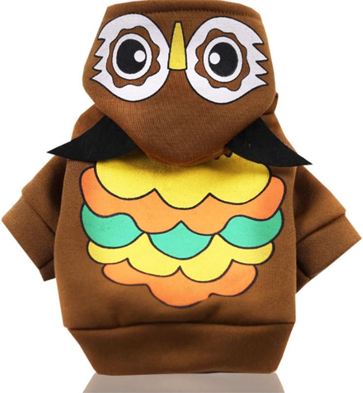 Photo 1 of Halloween Cartoon Dog Hoodies with Hat Funny Cat Clothes Tiger Dinosaur Duck Owl Pumpkin Design Warm Pet Suit Four-Legged Costume for Small Medium Dog (Owl, S (Back Length 35cm/13.77"))