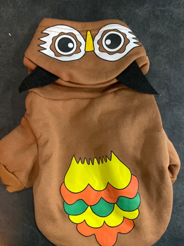 Photo 2 of Halloween Cartoon Dog Hoodies with Hat Funny Cat Clothes Tiger Dinosaur Duck Owl Pumpkin Design Warm Pet Suit Four-Legged Costume for Small Medium Dog (Owl, S (Back Length 35cm/13.77"))