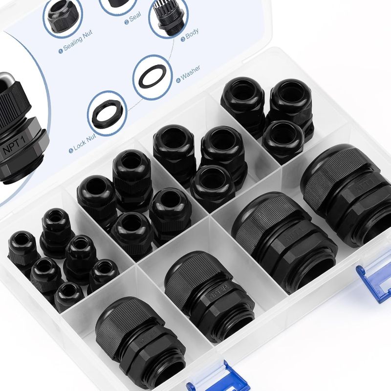 Photo 1 of 20pcs NPT Cable Glands Kit Waterproof IP68, 1/4" 3/8" 1/2" 3/4" 1" Nylon PA66 Adjustable Strain Relief Cord Connector, Junction Box Grips with Gaskets Locknut