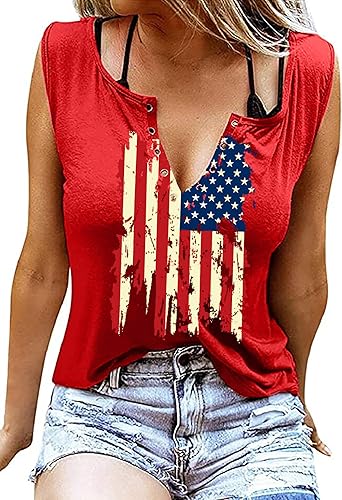 Photo 1 of Large American Flag Tank Tops for Women 4th of July Shirts Ring Hole Sleeveless V-Neck T-Shirt Patriotic Tees