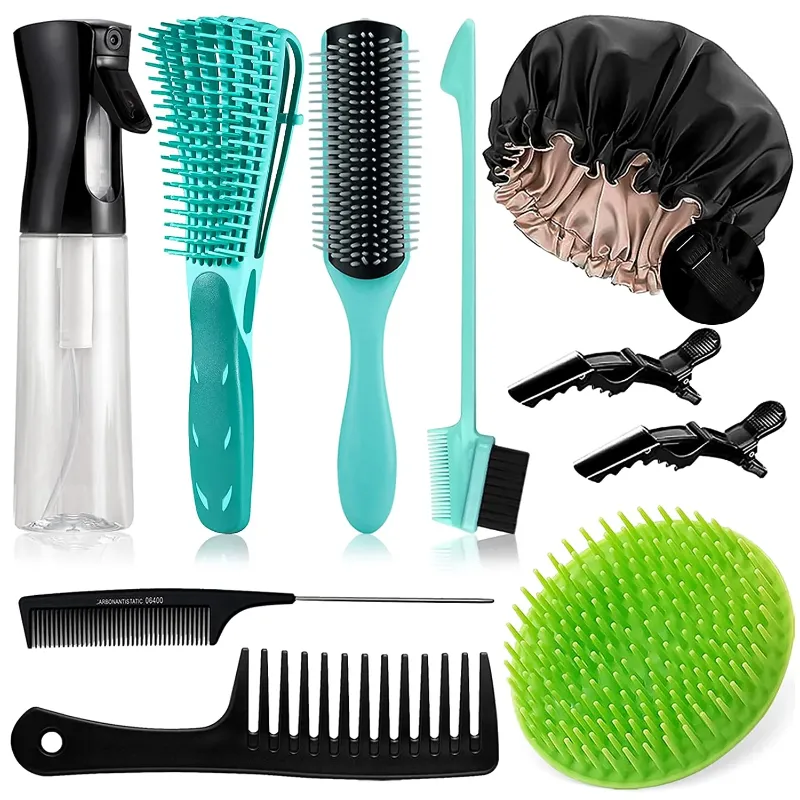 Photo 1 of 10 PC Detangling Brush and Comb Set for Black Natural Hair - Curly Hair Brush Set with Spray Bottle & Sleep Bonnet