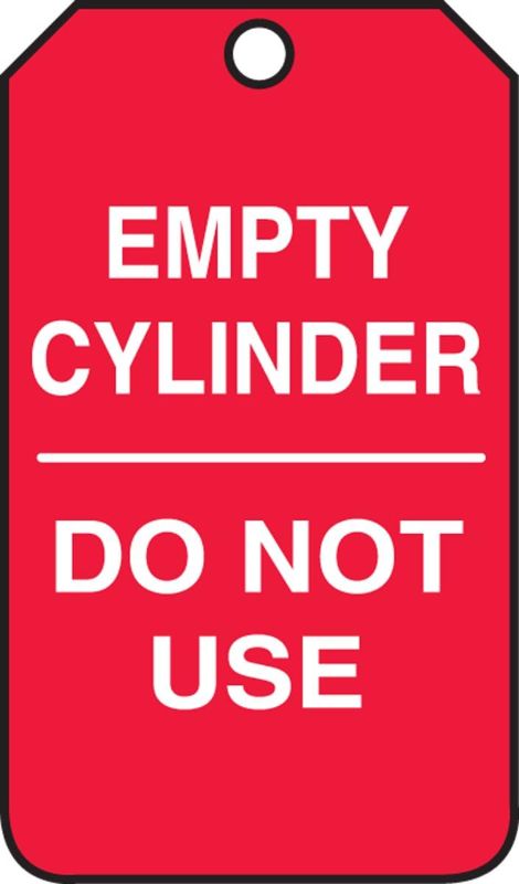 Photo 1 of Cylinder Status Tag, Legend"Empty Cylinder - DO NOT USE", 5.75" Length x 3.25" Width x 0.010" Thickness, PF-Cardstock, White on Red (Pack of 25)