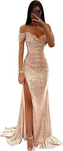 Photo 1 of Size 2-4 Sparkly Sequin Prom Dresses Long with Slit Off The Shoulder Bridesmaid Dress Pleated Evening Formal Gowns