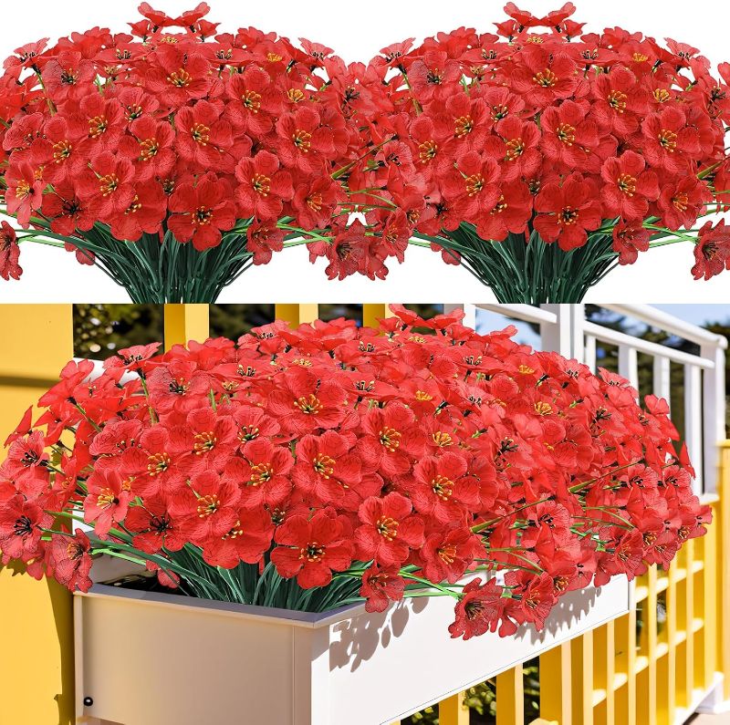 Photo 1 of 20 Bundles Artificial Flowers Outdoor UV Resistant Fake Red Flowers Plants, Faux Silk Flowers No Fade Plastic Flowers for Outside Planters Garden Porch Window Box Decoration