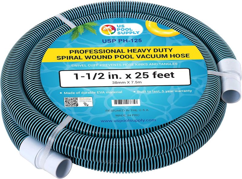 Photo 1 of U.S. Pool Supply 1-1/2" x 25 Foot Professional Heavy Duty Spiral Wound Swimming Pool Vacuum Hose with Kink-Free Swivel Cuff, Flexible - Connect to Vacuum Heads, Skimmer, Filter Pump Inlet, Accessories