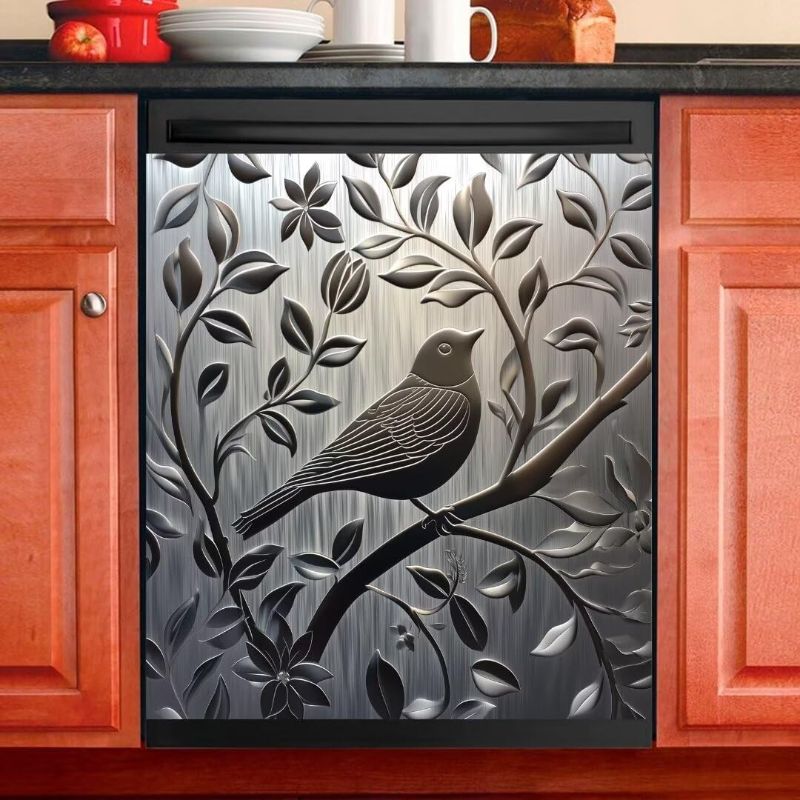 Photo 1 of Stainless Steel Bird Magnetic Sticker Dishwasher Cover Kitchen Decor,23x26inch Dishwasher Magnet Cover,Metal Polished Dishwasher Decal,Refrigerator Panel,Magnetic Dishwasher Sticker