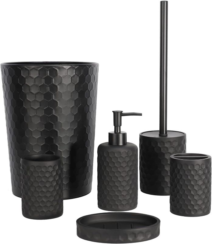 Photo 1 of Bathroom Accessory Set, 6 Piece Black Bathroom Accessories Set Complete with Trash Can, Toothbrush Holder, Toothbrush Cup, Soap Dispenser, Soap Dish and Toilet Brush with Holder