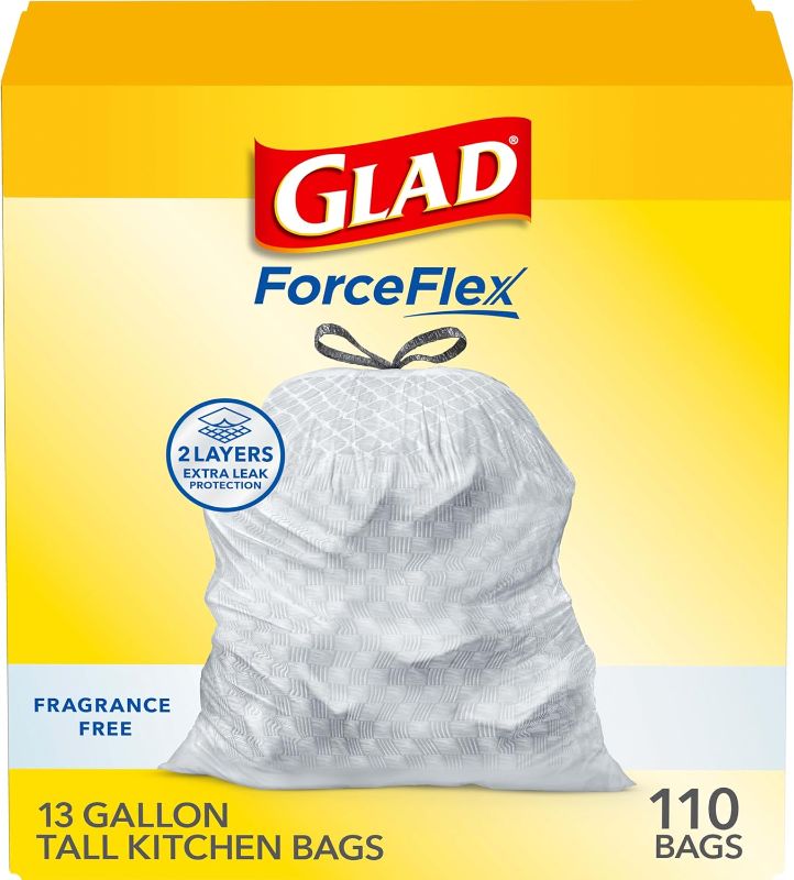 Photo 1 of Glad ForceFlex Drawstring Trash Bags, 13 Gal, Fragrance Free, 110 Ct, Pack May Vary