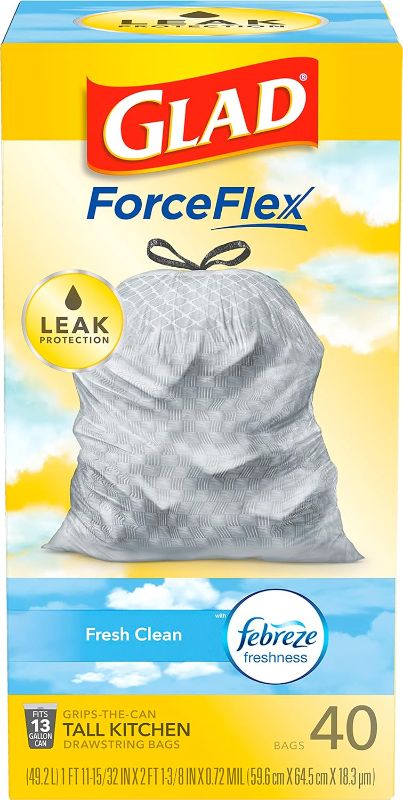 Photo 1 of Glad Trash Bags, ForceFlex Tall Kitchen Drawstring Garbage Bags, Fresh Clean, 13 Gal, 40 Ct 