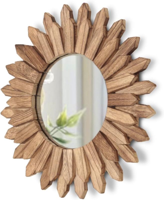 Photo 1 of LOSOUR Mirror Wall Decor 12 inch Rustic Round Wood Mirror Wall Mirror Decorative Boho Wall Decor Sunburst Mirror Boho Mirror Home Wall Decor Farmhouse Wall Decor for Bedroom Living Room Entryway