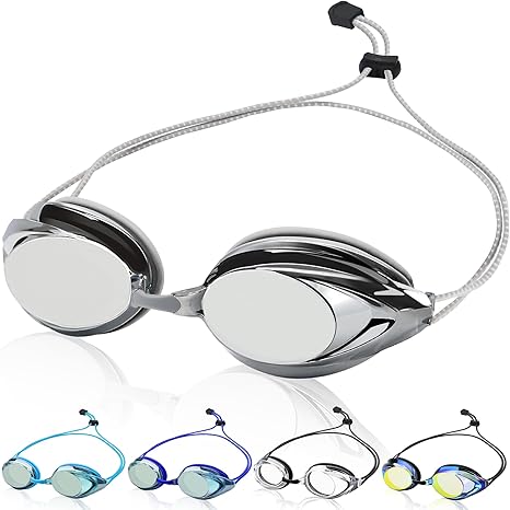 Photo 1 of Swim Goggles for Adult Men Women Youth, Bungee Strap Swimming Goggles No Hair Pulling Mirrored/Clear Lens Goggles