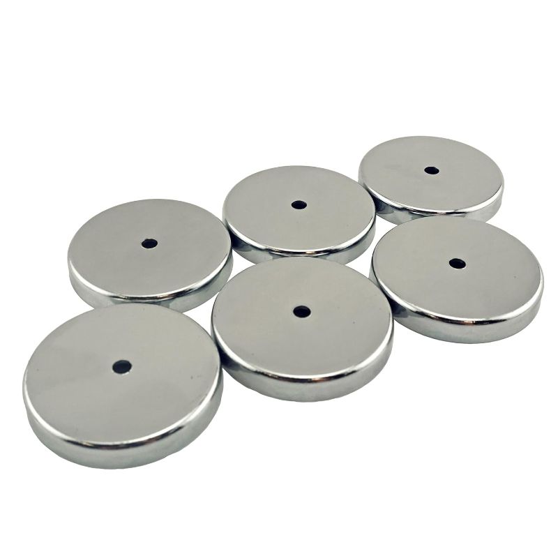 Photo 1 of Master Magnetics Round Base Magnet Fastener with 0.197" Center Hole Chrome Plate, 2.04" Diameter, 0.302" Thick, 35 Pounds, Silver (Pack of 6), RB50CX6