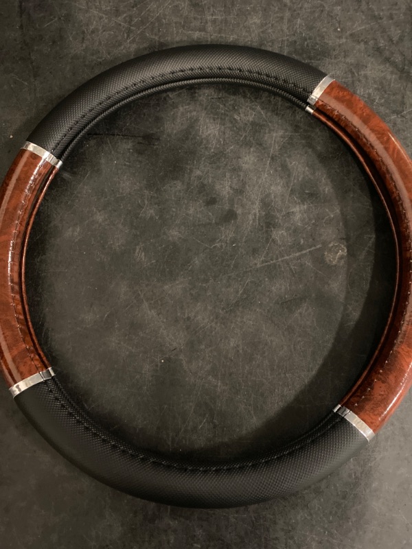 Photo 2 of Black Steering Wheel Cover with Woodgrain Design and Chrome Trim