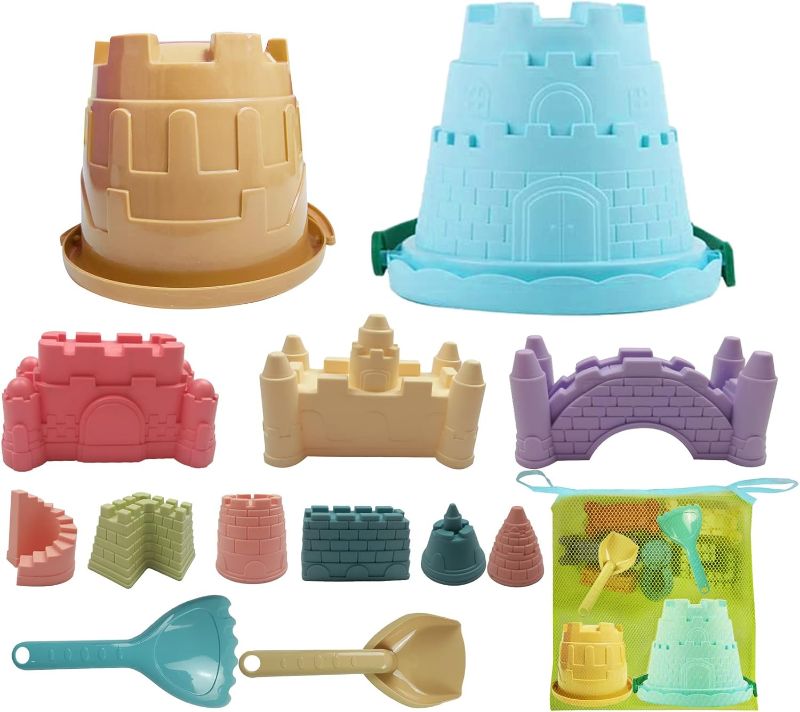 Photo 1 of IOKUKI Sand Castle Toys for Beach – Toddler Beach Toys with Sand Castle Buckets, Sand Castle Molds, Sand Shovel and Rake, Sand Castle Kit with Mesh Beach Bag for Travel 14 PCS