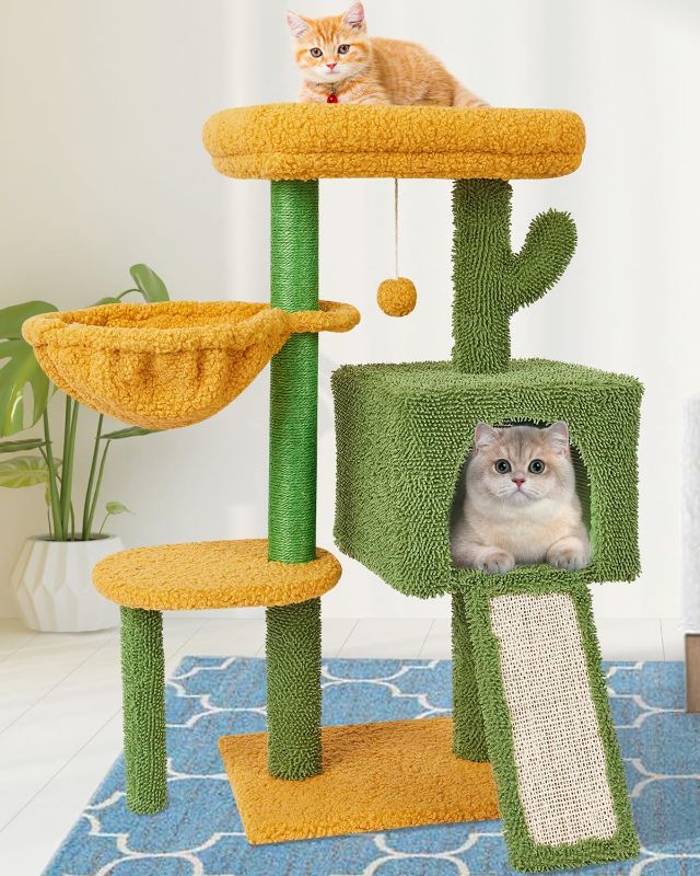 Photo 1 of Cute Cactus Cat Tree with Padded Top Perch, Comfy Hammock, Private Condo, Scratching Post and Dangling Bell Ball for Indoor Cats