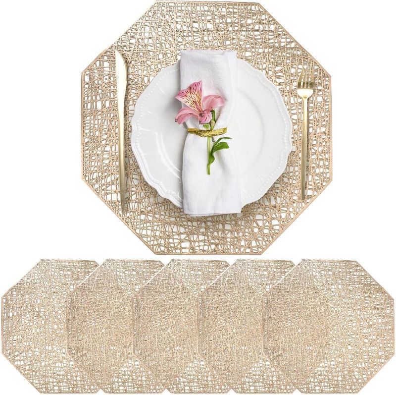 Photo 1 of Golden Placemats Heat Resistant Non-Slip PVC Decorative Octa Shape Place mats Table Mats for Dining Table Home Kitchen Restaurant Table Gold Set of 6