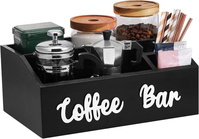 Photo 1 of Wooden Coffee Bar Bin Box with Coffee Bar Letter Decor, Coffee Pod Holder Storage Gift Basket, Coffee Station Wooden Holder Nice for Farmhouse Kitchen Decor, Counter, Coffee Lover (Black)