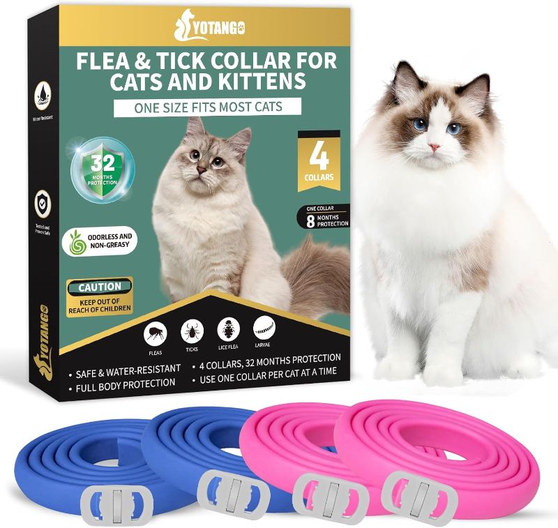 Photo 1 of 4 Pack Flea Collar for Cats, 32 Months Flea and Tick Prevention for Cats, Waterproof Cat Flea Collar, Natural Cat Flea and Tick Treatment, Adjustable Flea and Tick Collar for Cats Kittens(Blue&Pink)