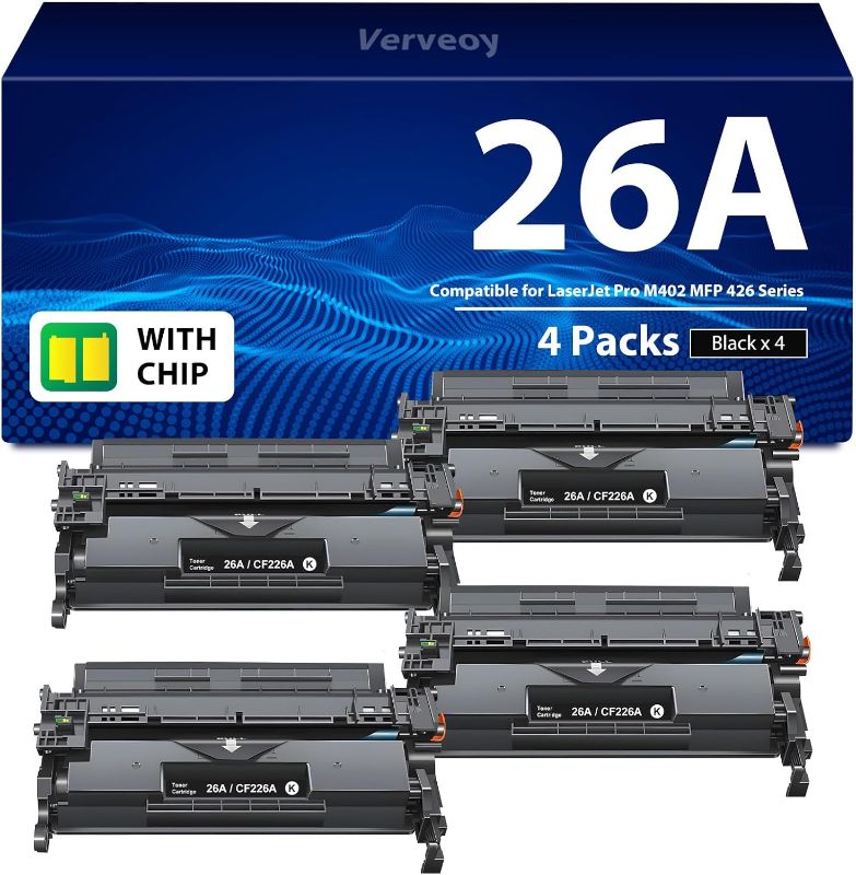 Photo 1 of 26A CF226A Compatible for 26A Toner Cartridge for HP Printer Replacement for HP 26A CF226A 26X CF226X Toner Cartridge for Pro M402n M402dn M402dw M402dne MFP M426fdw M426fdn Printer (Black 4-Pack)