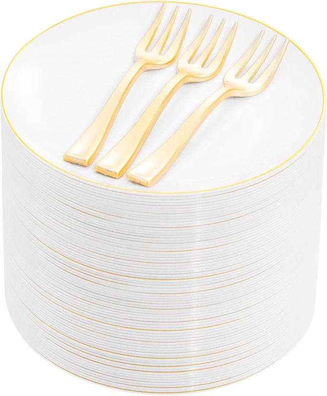 Photo 1 of Festiva 200Pcs Gold Dessert Plates 6.3" with Plastic Forks 5"- Small Disposable Plates - Dessert Party Plates Cake Plates-Appetizer Plastic Plates include 100Plates 100Forks for Party