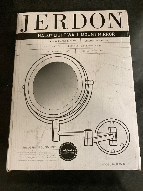 Photo 1 of JERDON Wall-Mounted Makeup Mirror with Lights - Direct Wire Lighted Makeup Mirror with 8X Magnification - 8.5-inch Diameter Mirror with Gold Finish Wall Mount