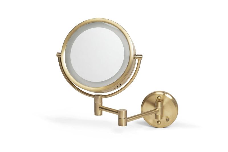 Photo 1 of JERDON Wall-Mounted Makeup Mirror with Lights - Direct Wire Lighted Makeup Mirror with 8X Magnification - 8.5-inch Diameter Mirror with Gold Finish Wall Mount