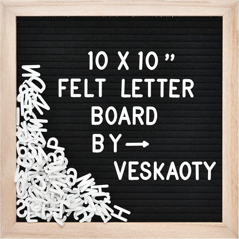 Photo 1 of Felt Letter Board with 294 Letters, Numbers & Symbols - 10 x 10 inch Changeable Message Board with Wooden Frame Wall Mount Hook, (Black Board & Wood Frame)