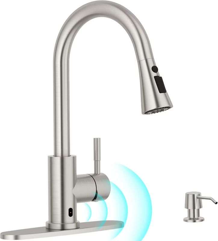 Photo 1 of Touchless Kitchen Faucet, Motion Sensor Kitchen Sink Faucet with Pull Down ABS Sprayer 3 Modes, Activated Hands Free Faucets for Kitchen Sink with Soap Dispenser Stainless Steel, Brushed Nickel