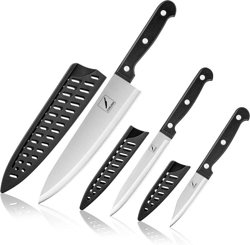 Photo 1 of Kitchen Knife, 3-Pcs Knife Set With Sheath, 8 Inch Chef Knife, 4.5 Inch Utility Knife, 4 Inch Paring Chef Knife, Stainless Steel, Black