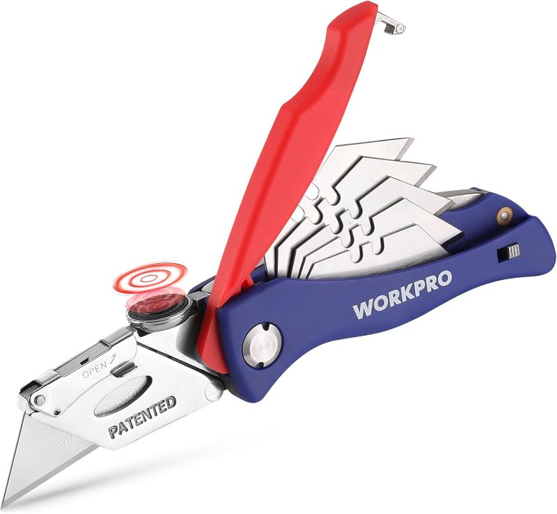 Photo 1 of WORKPRO Folding Utility Knife, Quick-Change Box Cutter, Blade Storage in Handle with 5 Extra Blades Included