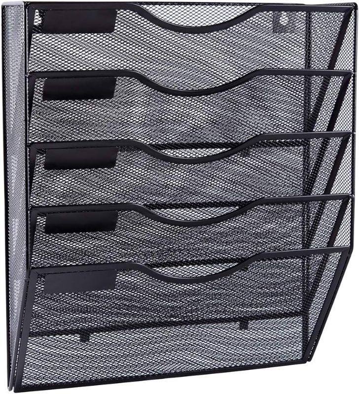 Photo 1 of 5 Pocket Mesh Hanging Wall File Organizer, Wall Mounted Mail Paper Document Folder Holder, Clipboard Storage Organization Magazine Rack with Nametag Label for Office Home School, Black