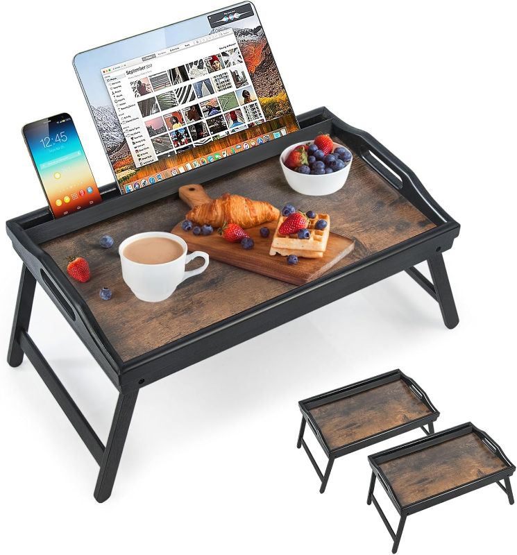 Photo 1 of 2 Pack Bed Tray Table Breakfast Trays Serving Tray Bamboo Bed Laptap Floding Legs with Handles and Phone Holders