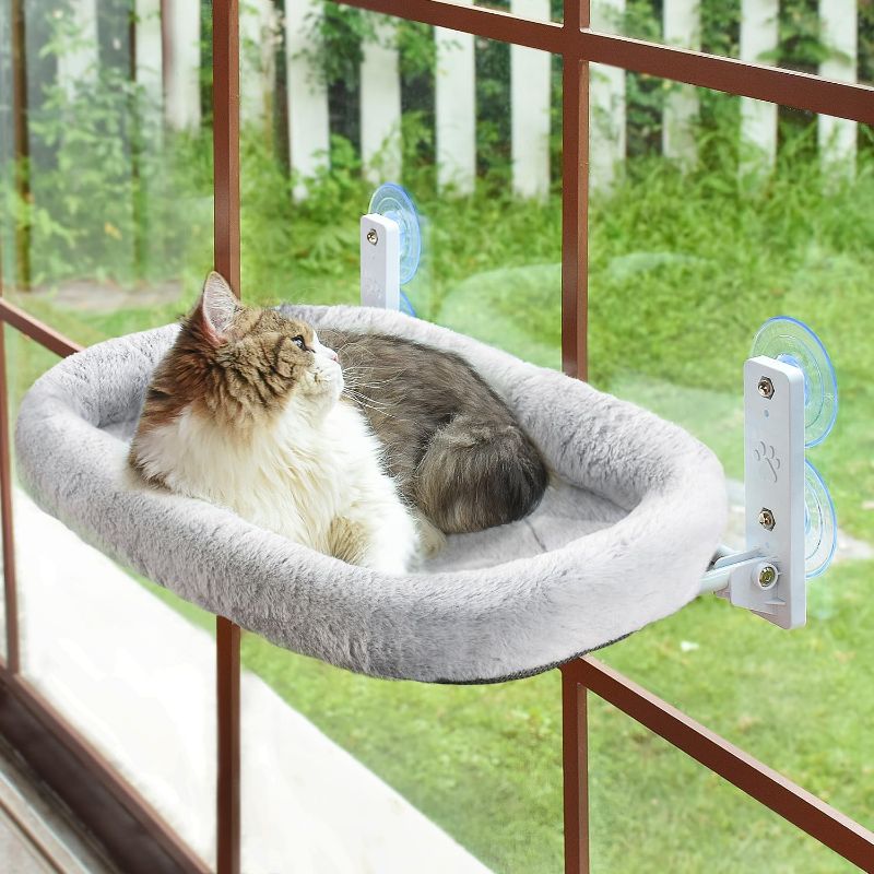 Photo 1 of Cordless Cat Window Perch, Cat Hammock for Wall with 4 Strong Suction Cups, Solid Metal Frame and Two Replaceable Covers, Foldable Cat Beds for Indoor Cats (Large-Cushion Bed-Gray)