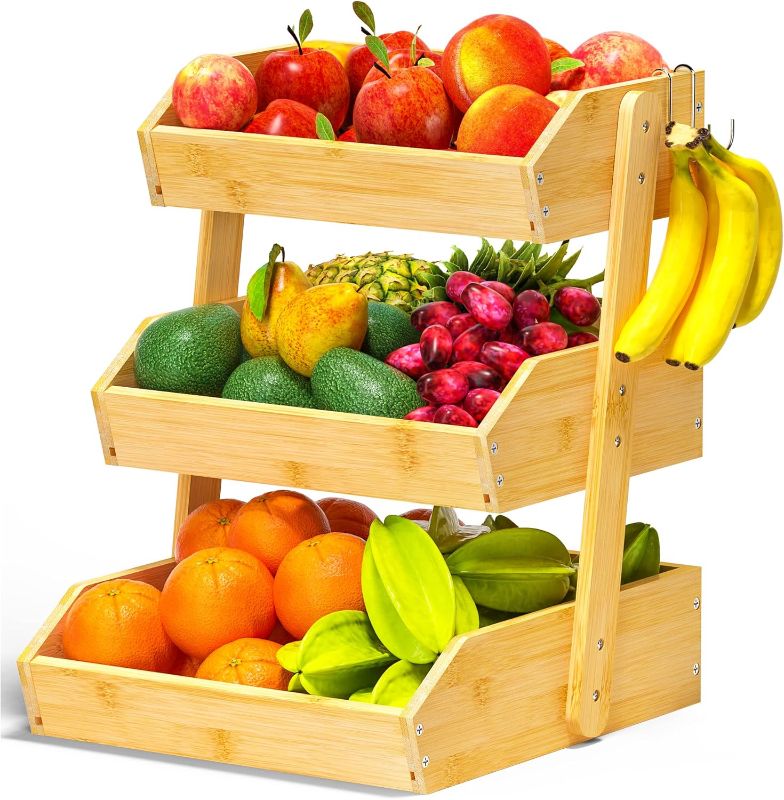 Photo 1 of Bamboo Fruit Basket for Kitchen– 3 Tier Fruit Bowl For Kitchen Counter, Large Fruit Holder With 2 Banana Hangers, Idea For Fruit and Vegetable Storage, Bread Basket, Snack Organizer(BAMBOO)