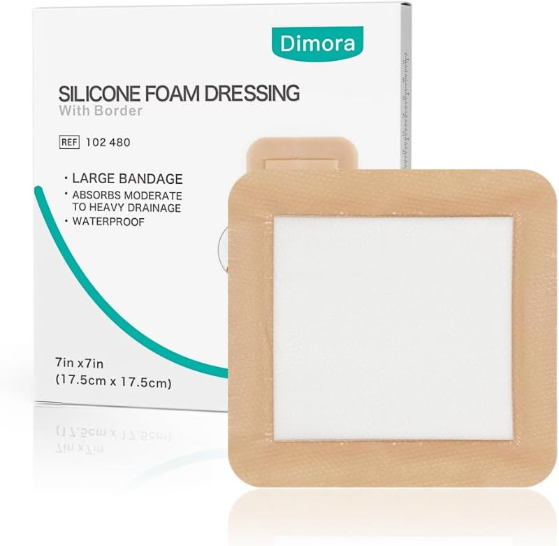 Photo 1 of Dimora Large Bandage Ultra Soft Wound Dressing - Bordered Silicone Adhesive Foam Dressing 7"x7" (5"x5"pad) for Bed Sores,Burn Treatment,Large Surgical Wound,Diabetic Ulcers,5 Pack