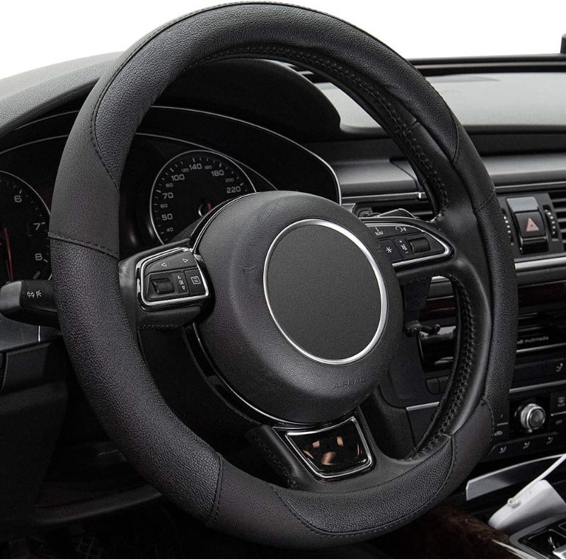 Photo 1 of Black Microfiber Leather Steering Wheel Cover?Universal 15 inch Steering Wheel Covers for Car