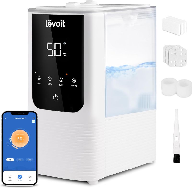 Photo 1 of LEVOIT Humidifiers for Bedroom Home, Smart Warm and Cool Mist Air Humidifier for Large Room, Auto Customized Humidity, Fast Symptom Relief, Easy Top Fill, Essential Oil, Quiet, OasisMist4.5L, White