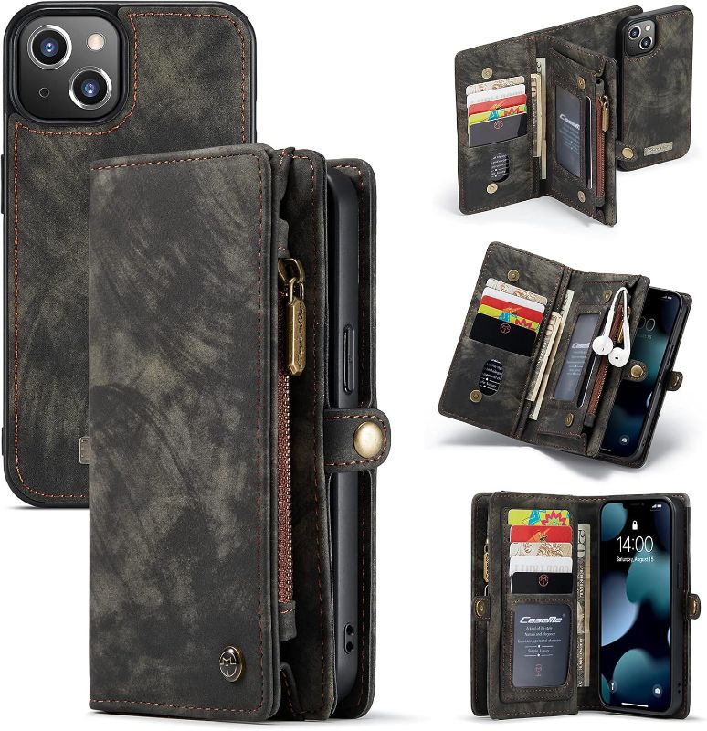 Photo 1 of CaseMe Leather Flip Wallet Case for iPhone 13,Detachable Back Magnetic Closure 2-in-1 Shockproof Zipper Purse Cover with Card Slots (Black)