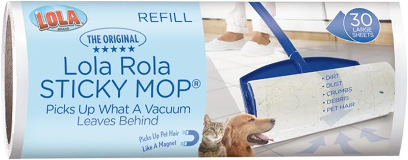 Photo 1 of Lola Rola Sticky Mop Refills, Traps Dirt, Dust, and Hair, Pet Hair Remover & Cleaner, Giant Adhesive Roller, 30 Large Adhesive Floor & Carpet Cleaner Roller Mop Perforated Sheets, 1 Pack