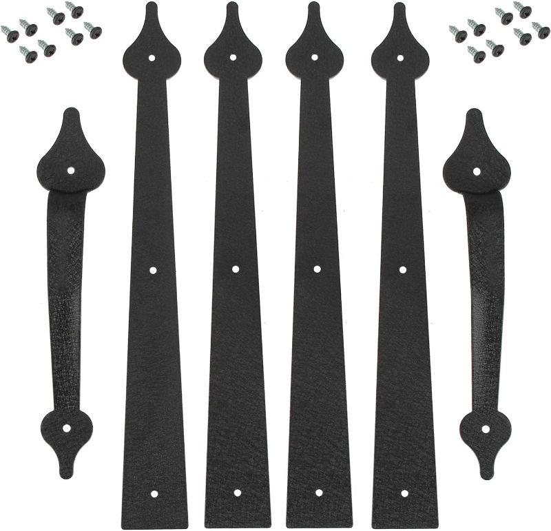 Photo 1 of Decorative Garage Door Hinges Handles, Faux Garage Door Accents, Metal Handles Hinges Hardware Kit, Screw Mounted, Black, Spear Style (4 Hinges+2 Handles)