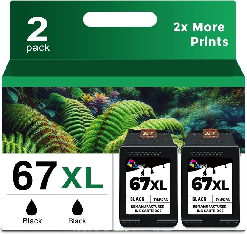 Photo 1 of 67XL Black Ink Cartridge Replacement for HP 67 Black Ink Cartridge HP67 XL HP67XL for 2700 2700e 2752 2752e 2742e 2755e 4100 4100e 4152e 4155e 6000 6055e 6400 6458 6458e 6455e Printer(2 Pack)
