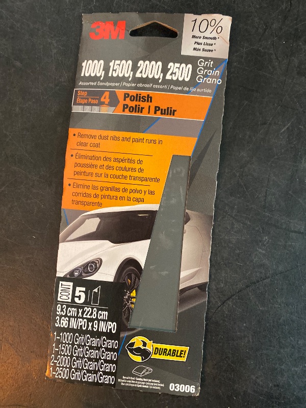 Photo 2 of 3M Wetordry™ Sandpaper, 5 Sheets, 3-2/3 in x 9 in, Assorted Grits (1000 / 1500 / 2000 / 2500), Use for Wet and Dry Sanding, Longer Lasting Sandpaper, Great for Auto Body Repair, Smooth Finish (03006)