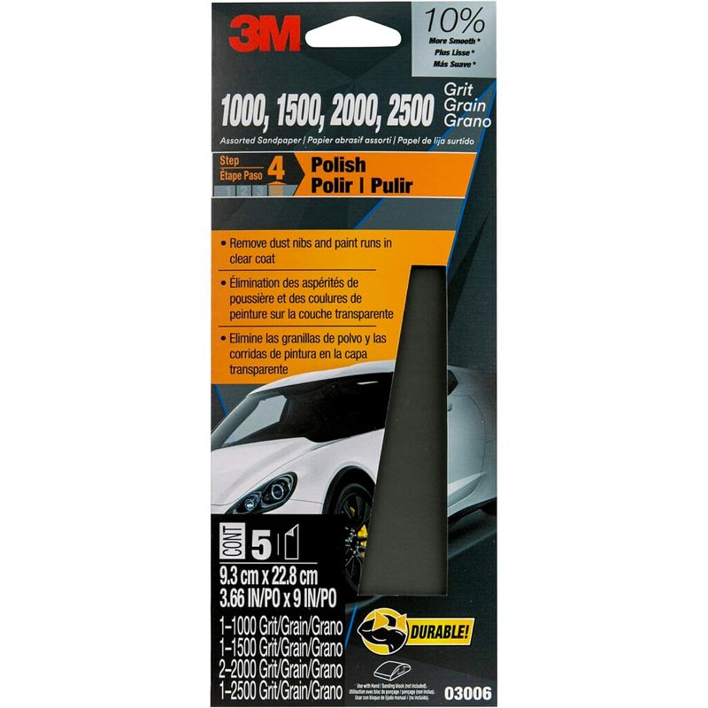 Photo 1 of 3M Wetordry™ Sandpaper, 5 Sheets, 3-2/3 in x 9 in, Assorted Grits (1000 / 1500 / 2000 / 2500), Use for Wet and Dry Sanding, Longer Lasting Sandpaper, Great for Auto Body Repair, Smooth Finish (03006)